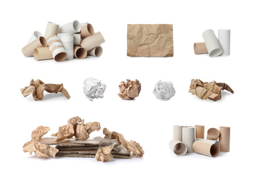 Image of Set of cardboard garbage on white background. Waste management and recycling