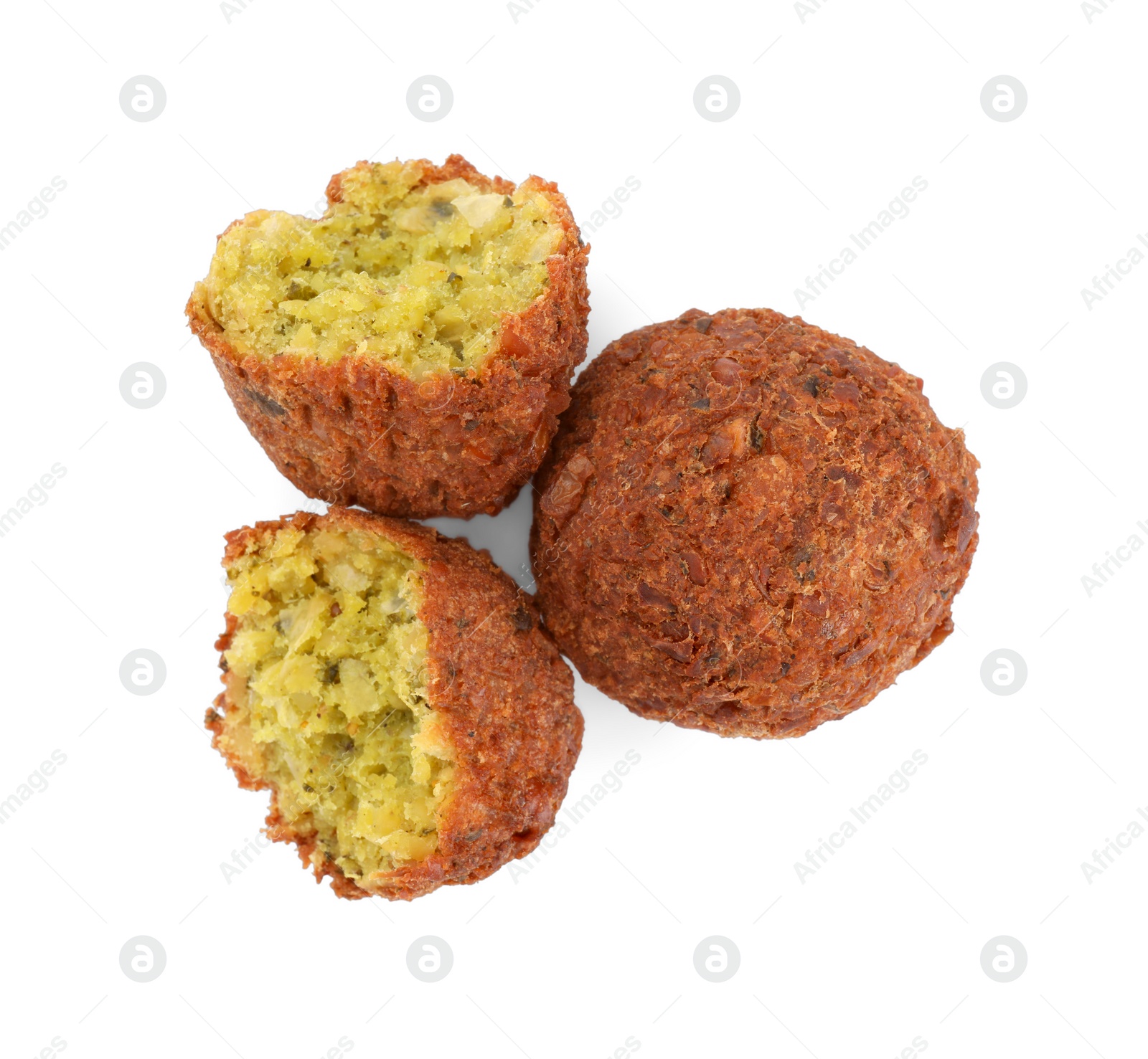 Photo of Delicious falafel balls on white background, top view. Vegan meat products