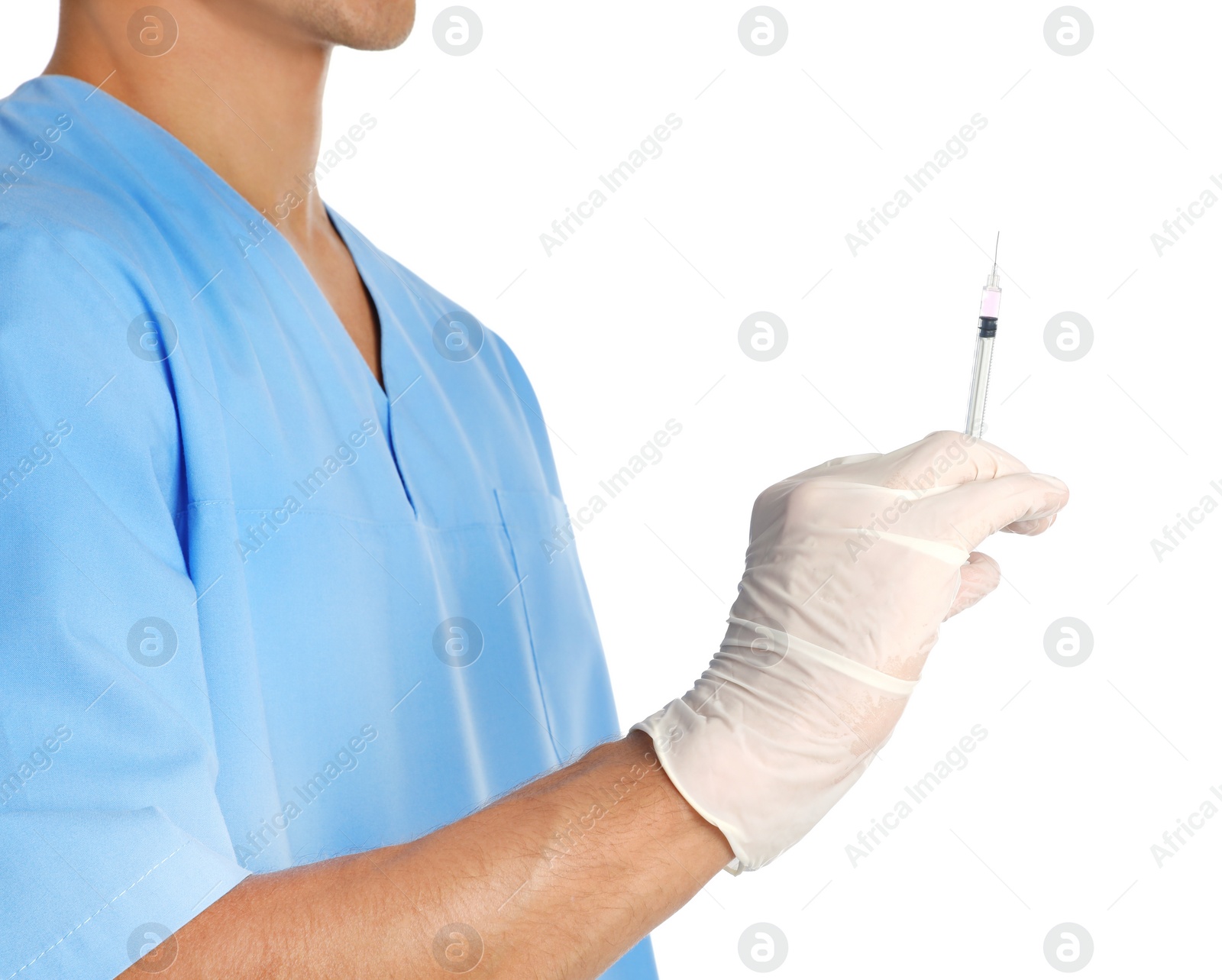 Photo of Male doctor with insulin syringe on white background, closeup. Medical object