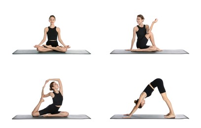 Young woman practicing yoga on white background, collage 
