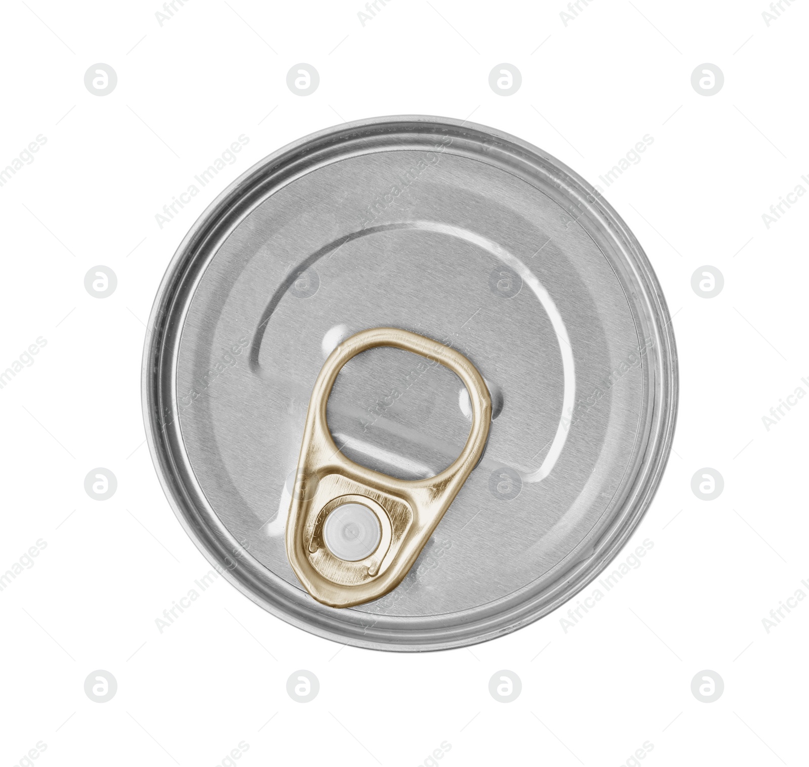 Photo of One closed tin can isolated on white, top view