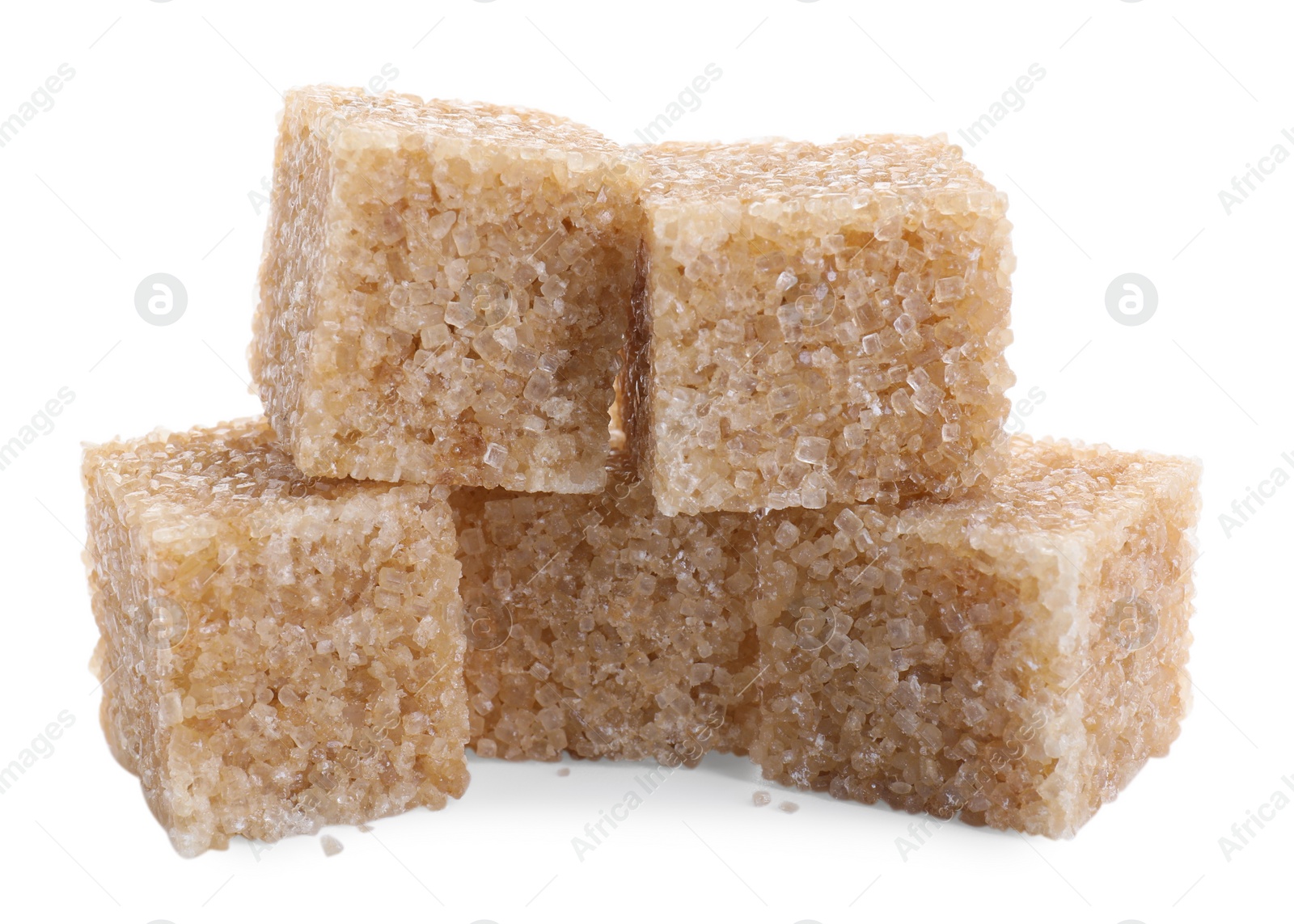 Photo of Many brown sugar cubes isolated on white