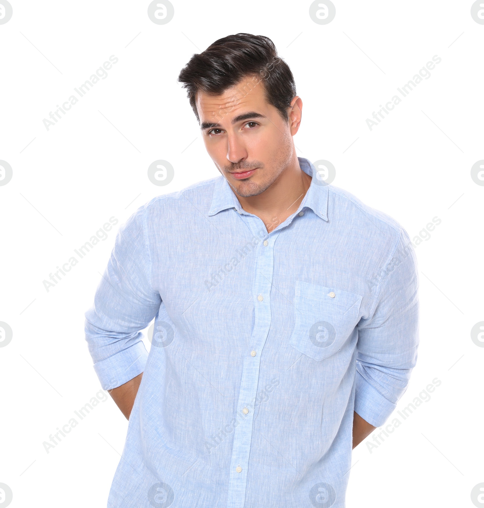 Photo of Portrait of handsome young man on white background