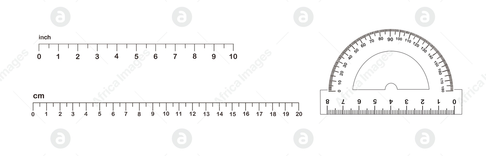 Image of Measuring length markings of rulers and protractor on white background, collage. Illustration