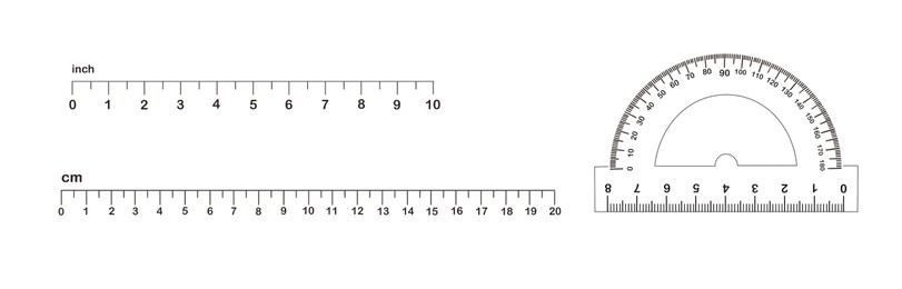 Image of Measuring length markings of rulers and protractor on white background, collage. Illustration