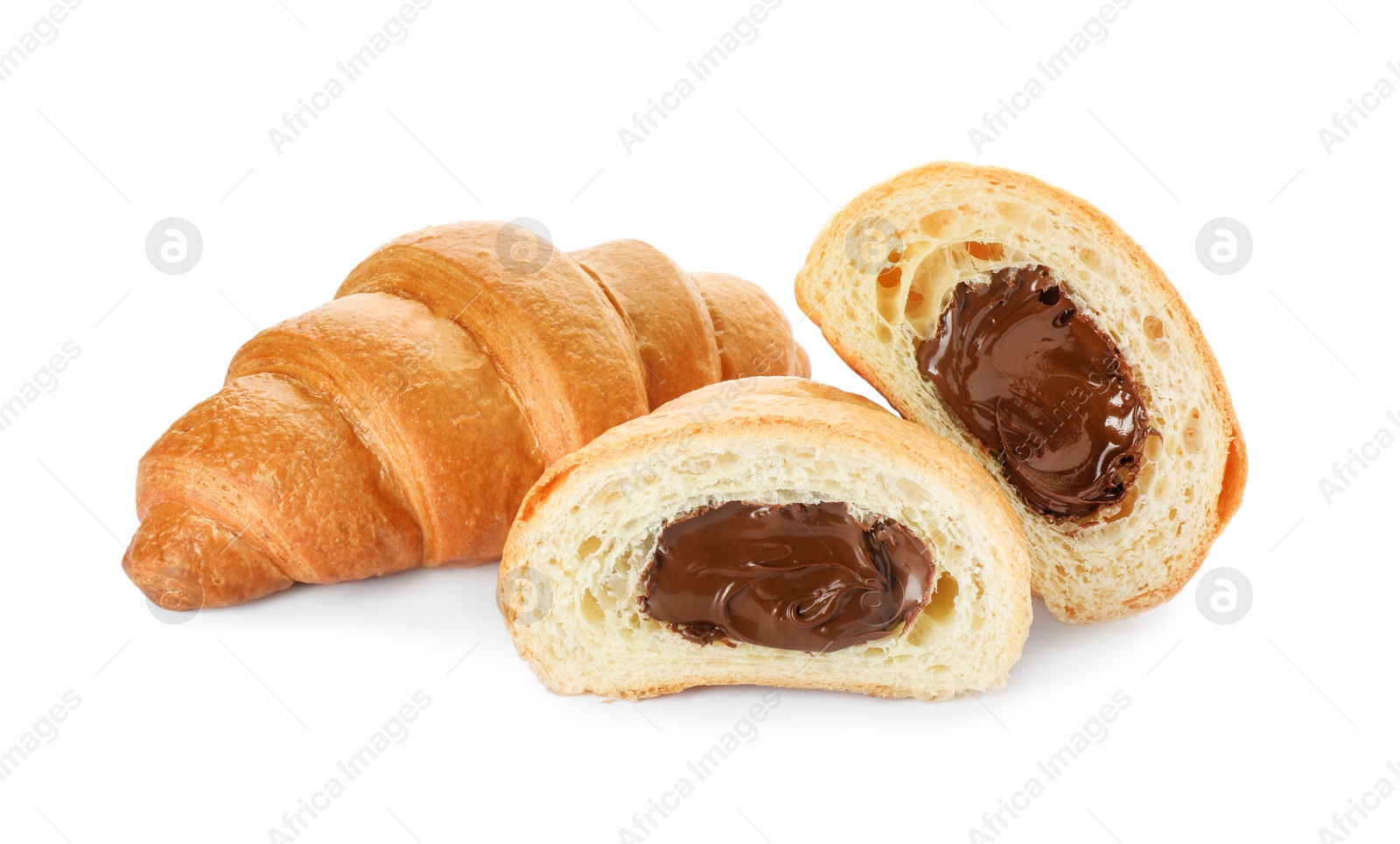 Photo of Delicious fresh croissants with chocolate isolated on white