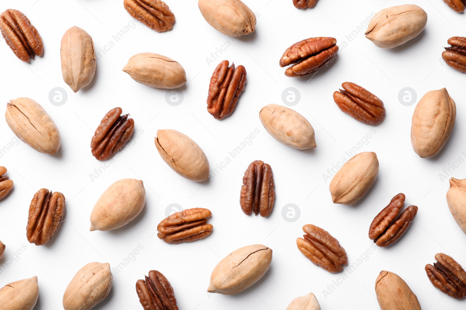 Photo of Composition with pecan nuts on white background, top view