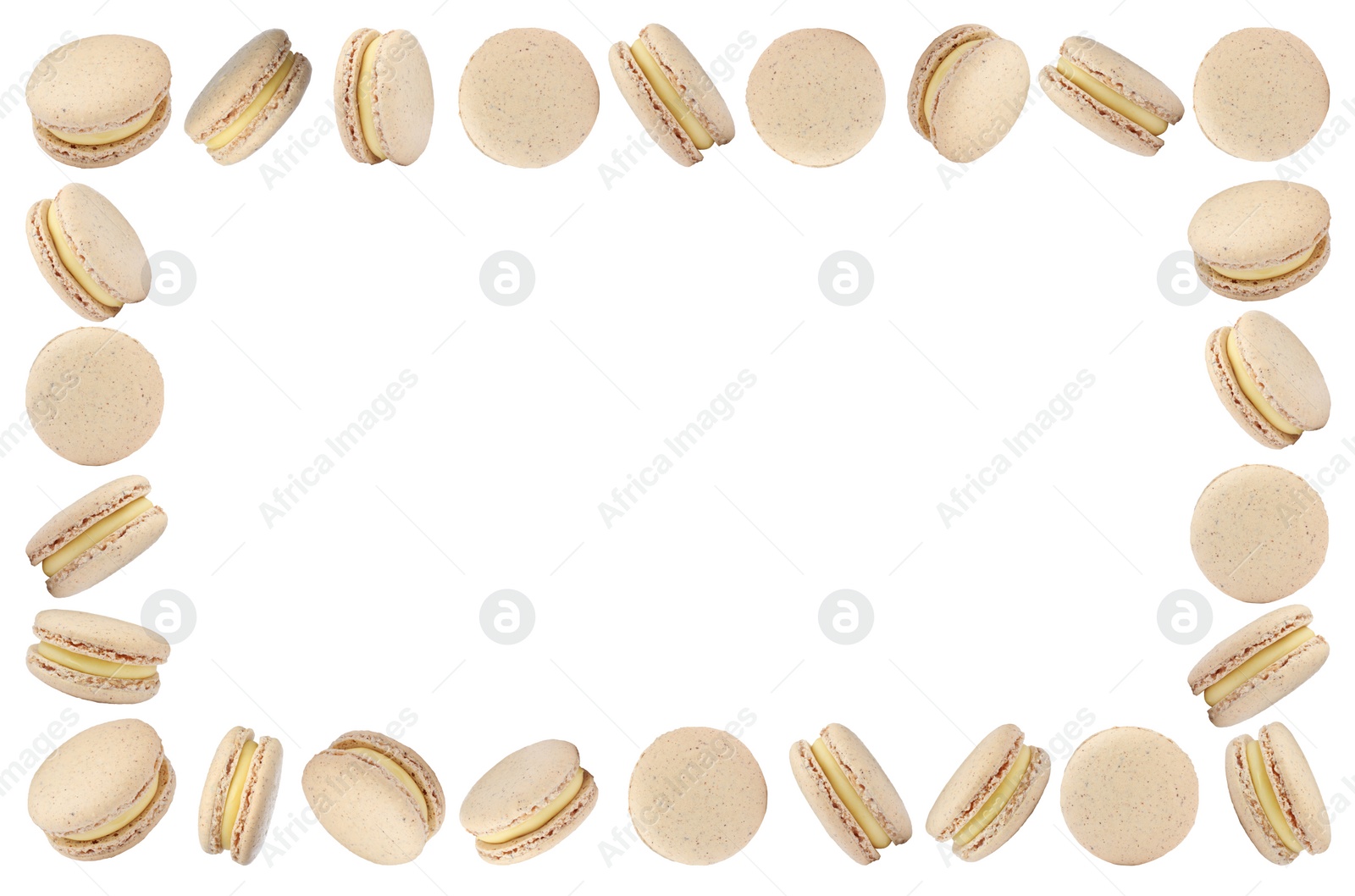 Image of Frame made of delicious macarons on white background