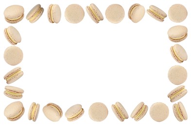 Image of Frame made of delicious macarons on white background