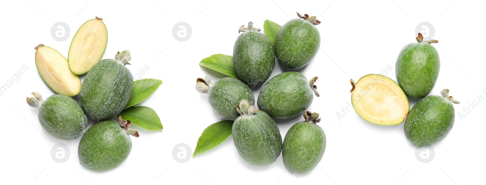 Image of Set of fresh ripe feijoas on white background, top view. Banner design