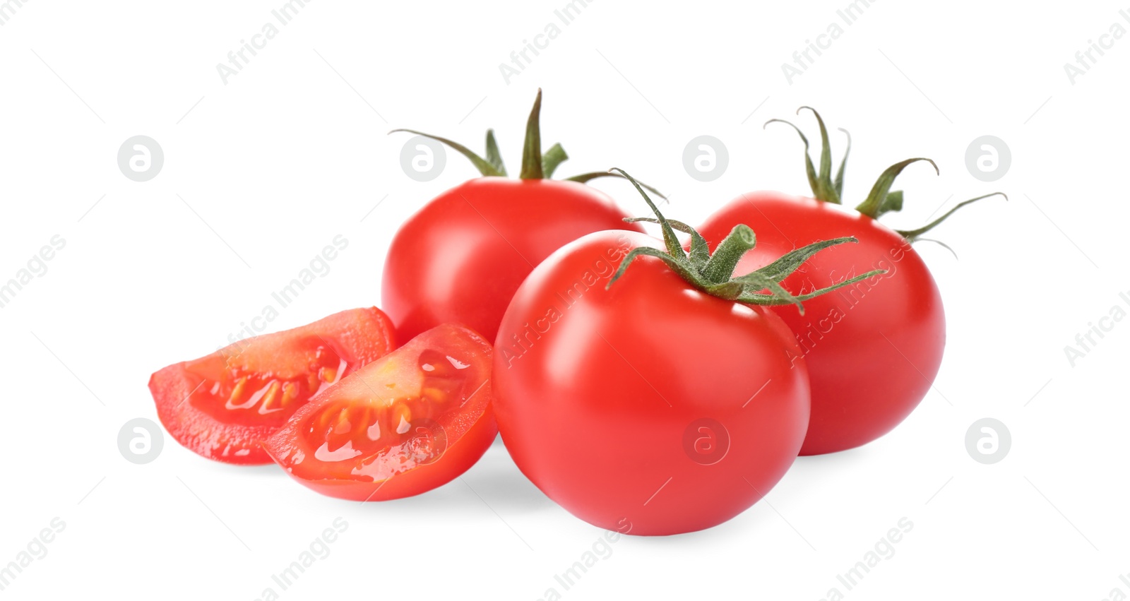 Photo of Tasty fresh raw tomatoes isolated on white