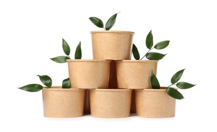 Photo of Eco friendly food containers and twigs on white background