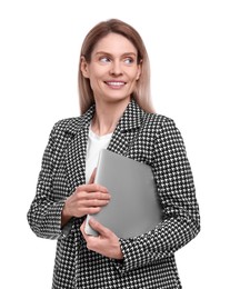 Photo of Beautiful happy businesswoman with laptop on white background