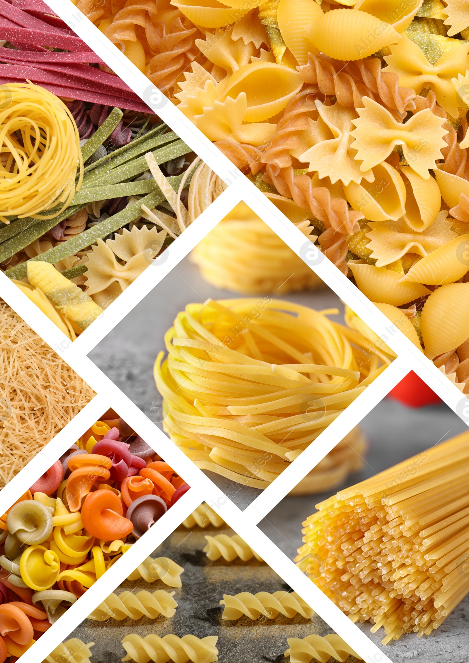 Image of Different types of uncooked pasta. Photo collage