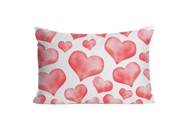 Image of Soft pillow with printed red hearts isolated on white