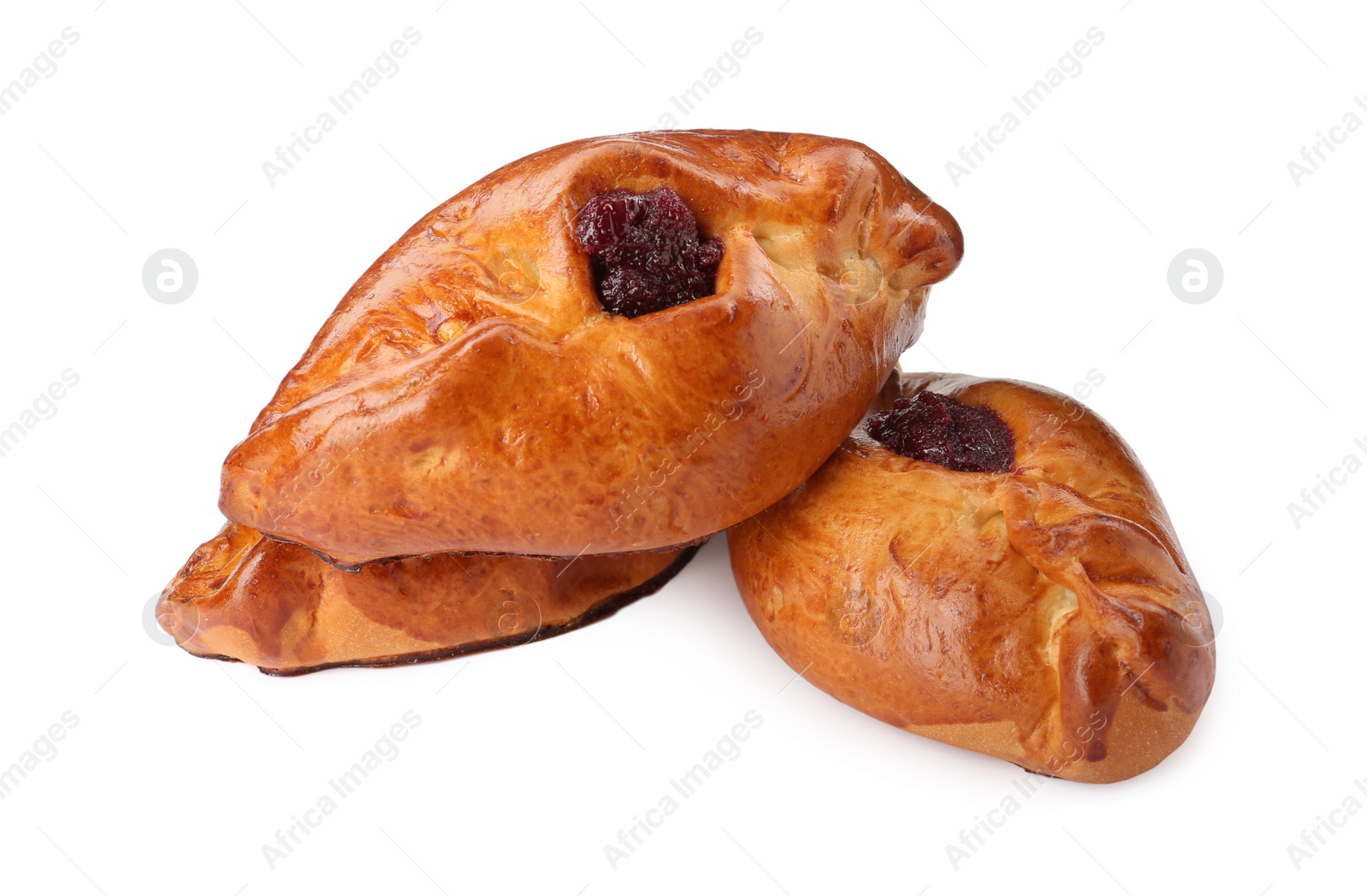 Photo of Delicious baked patties with cherry on white background