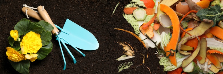 Image of Gardening tools, flower and organic waste for composting on soil, flat lay. Natural fertilizer