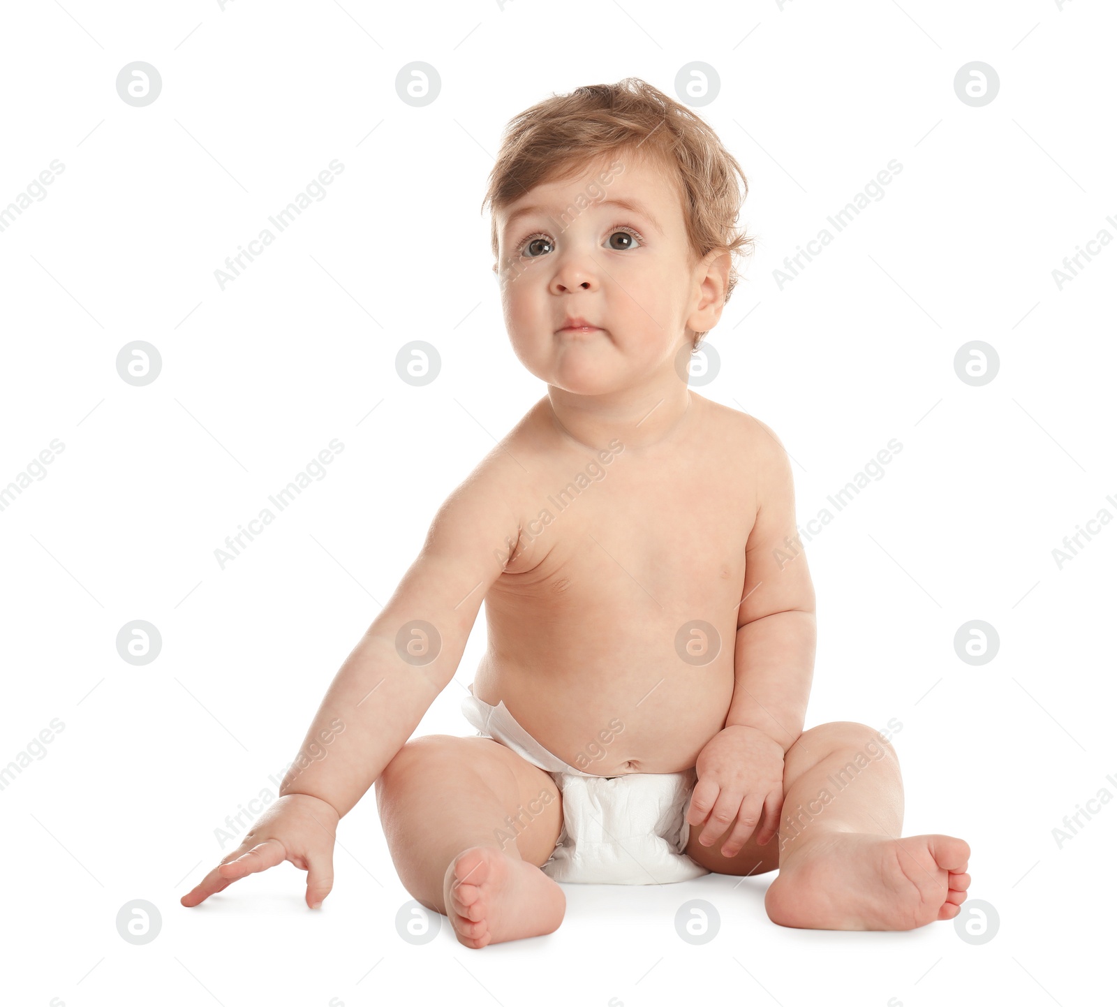 Photo of Cute little baby in diaper on white background