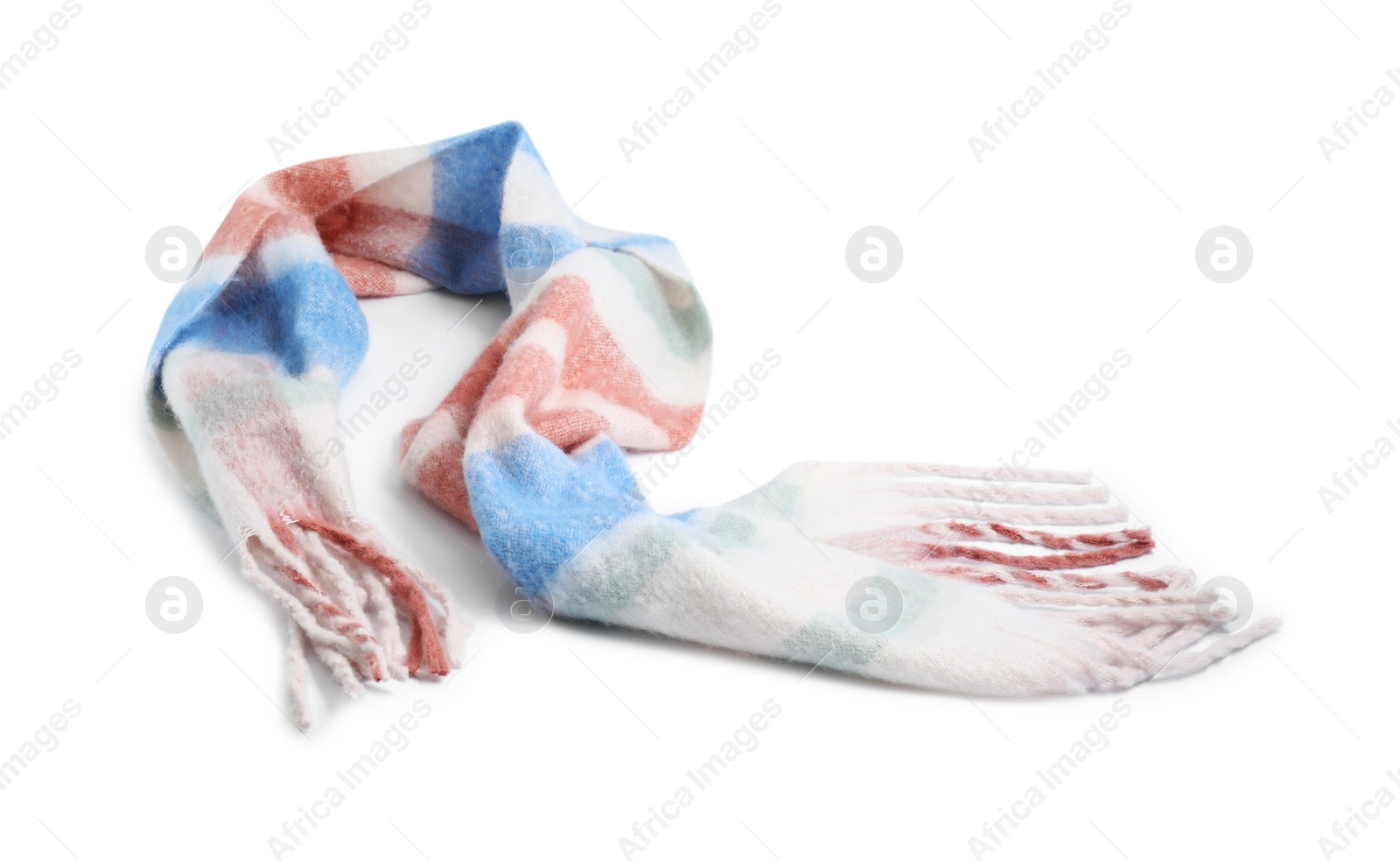 Photo of One beautiful checkered scarf on white background