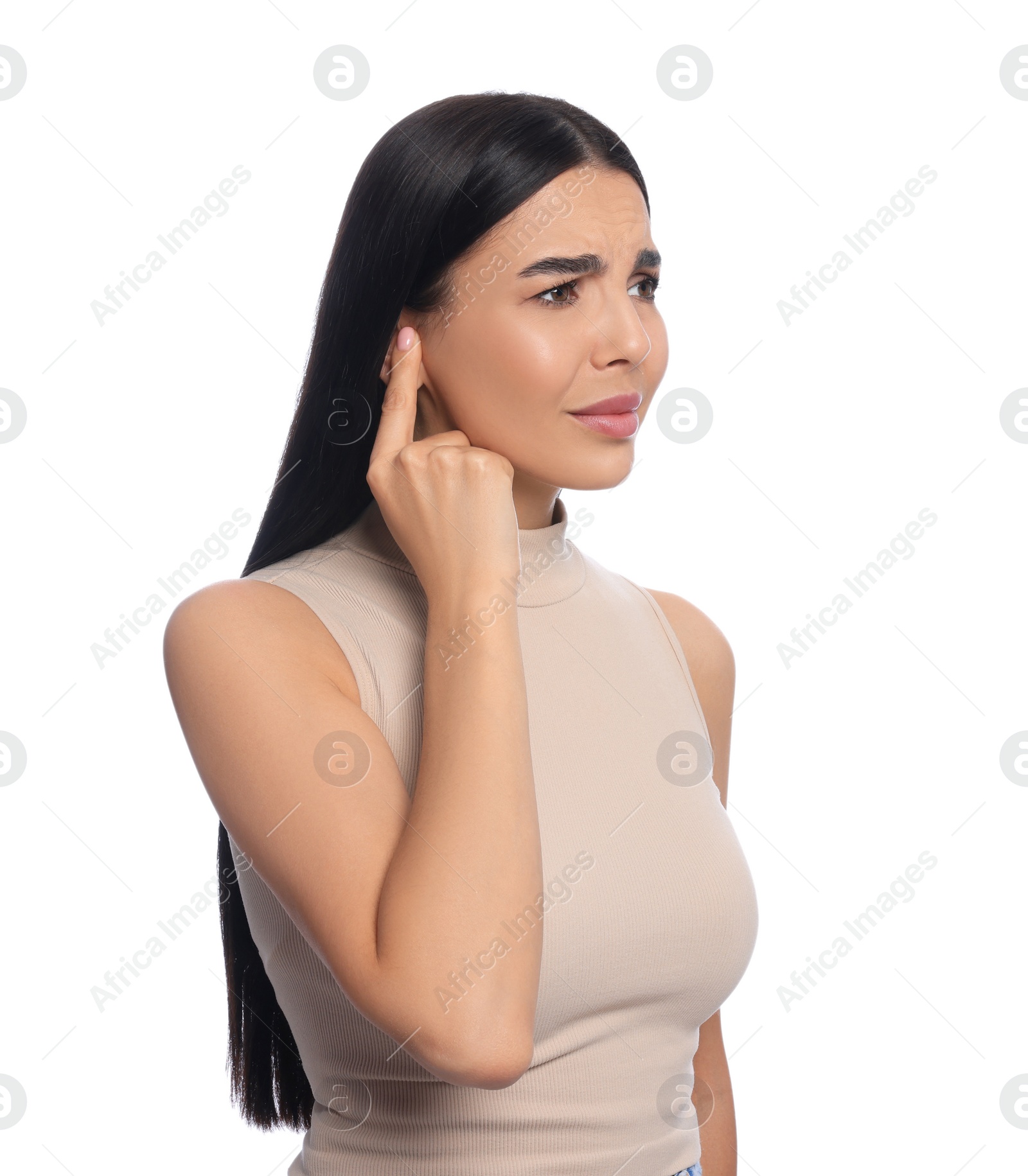 Photo of Young woman suffering from ear pain on white background