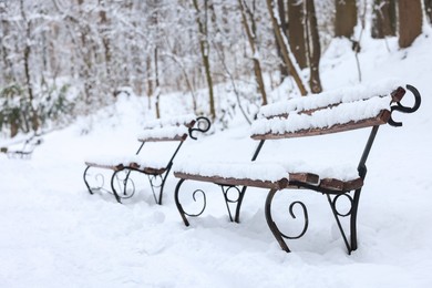 Photo of Benches covered with snow in winter park, space for text