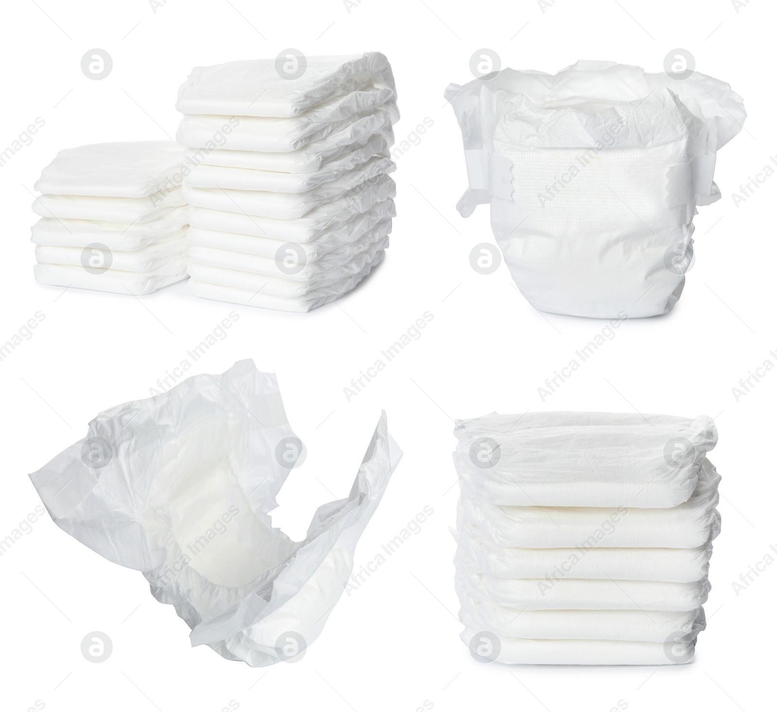 Image of Set of baby diapers on white background