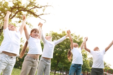 Group of children holding hands up in park. Volunteer project