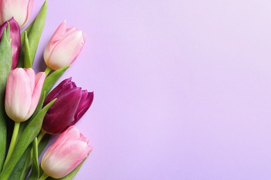 Photo of Beautiful spring tulips on color background, top view with space for text. International Women's Day