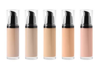 Set of liquid foundations in different shades isolated on white
