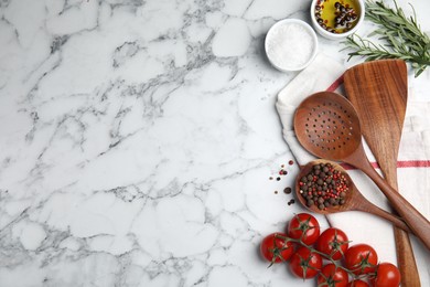 Photo of Flat lay composition with cooking utensils and fresh ingredients on white marble table. Space for text