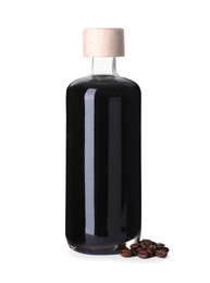 Photo of Bottle with coffee liqueur and beans isolated on white