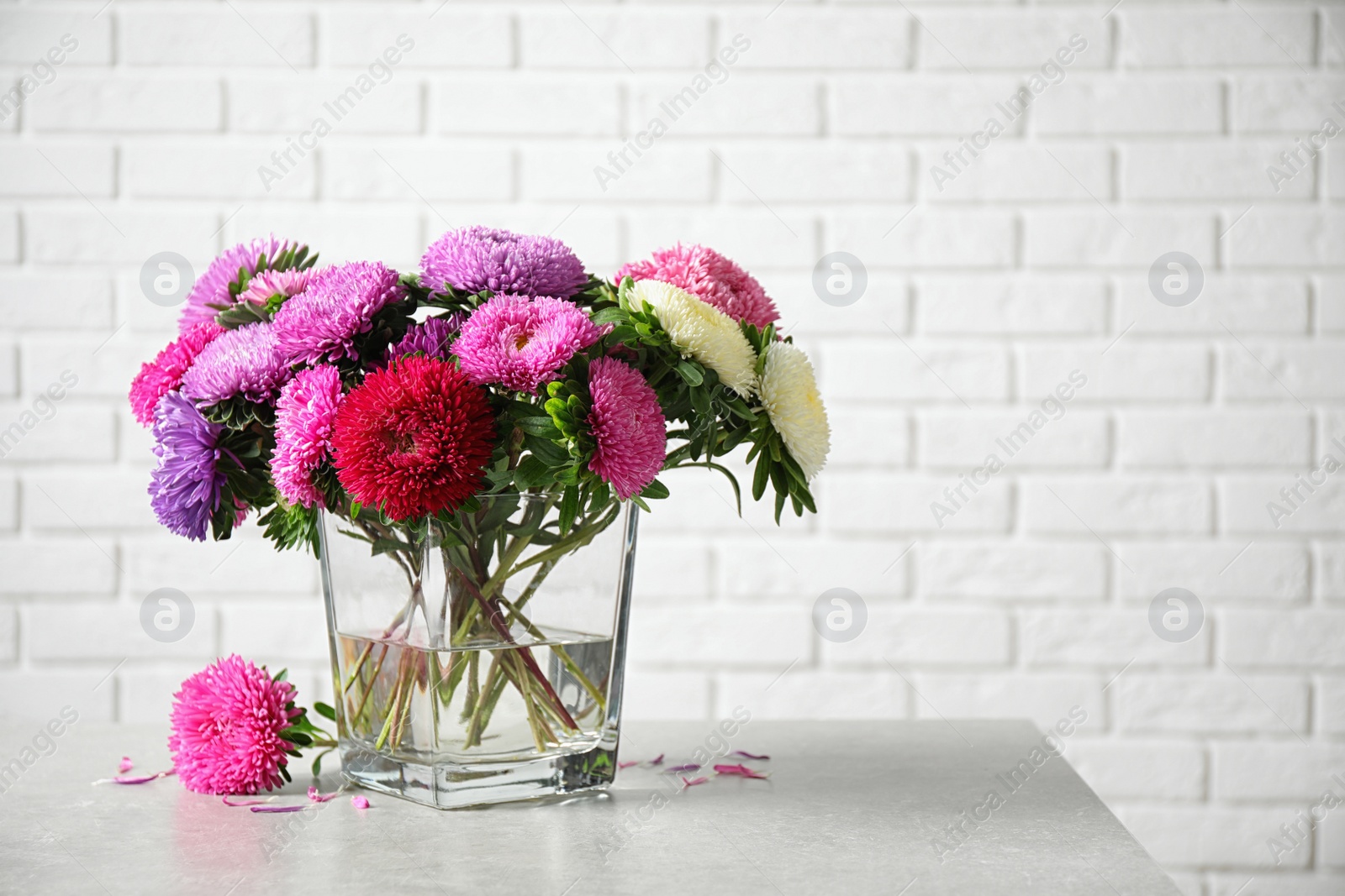 Photo of Glass vase with beautiful aster flowers on table against white brick wall. Space for text