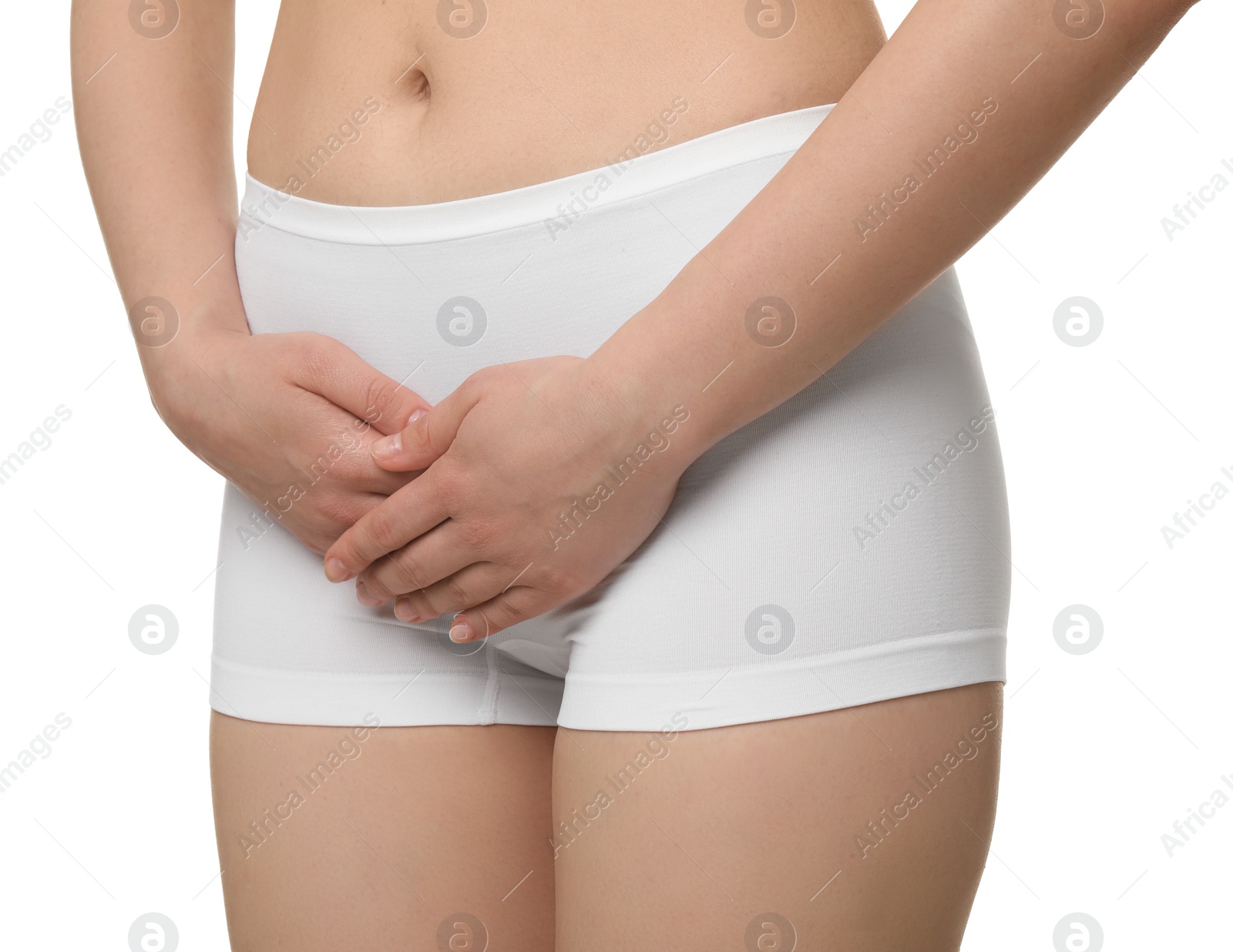 Photo of Woman suffering from cystitis on white background, closeup