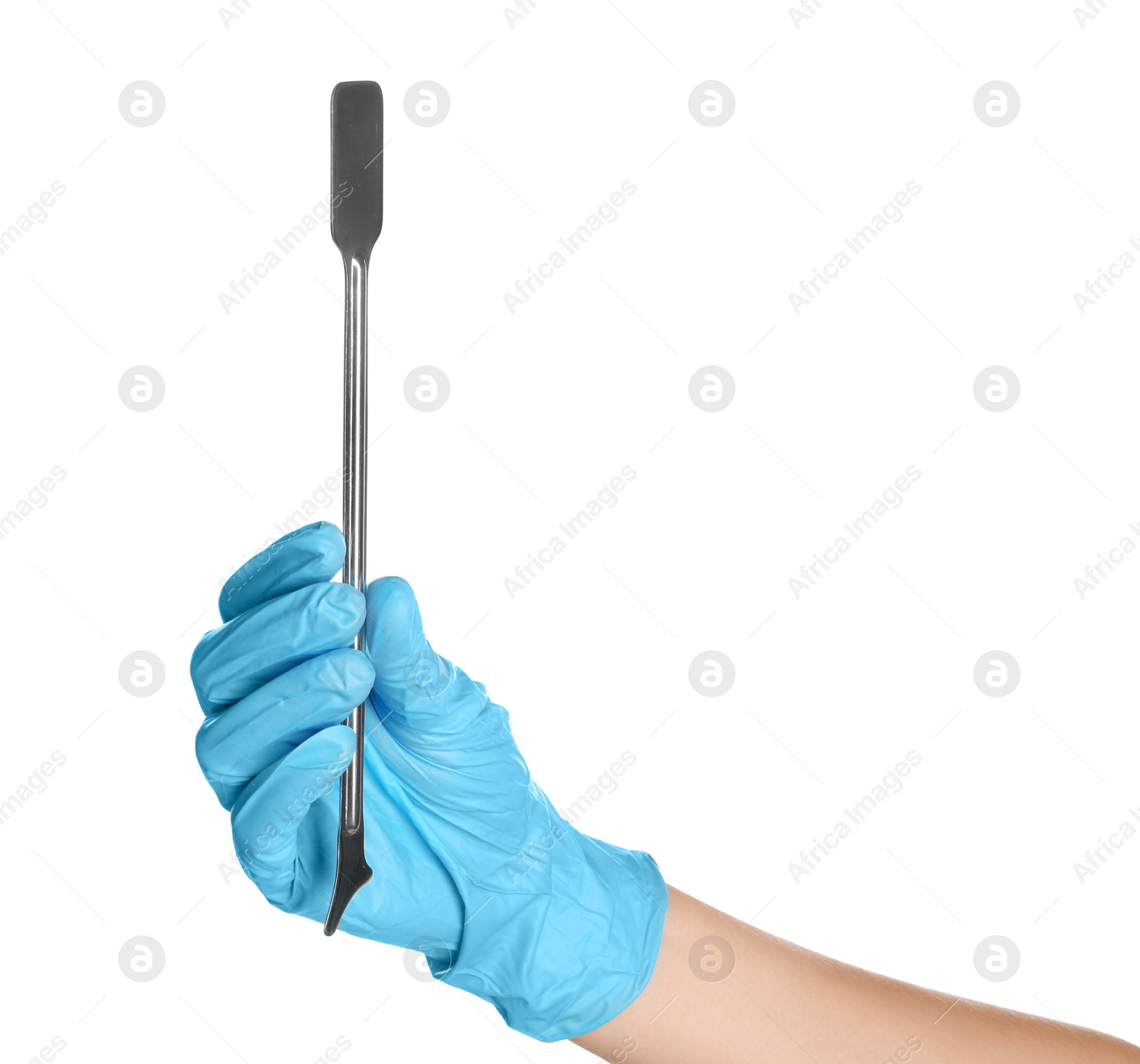 Photo of Doctor in sterile glove holding medical tool on white background