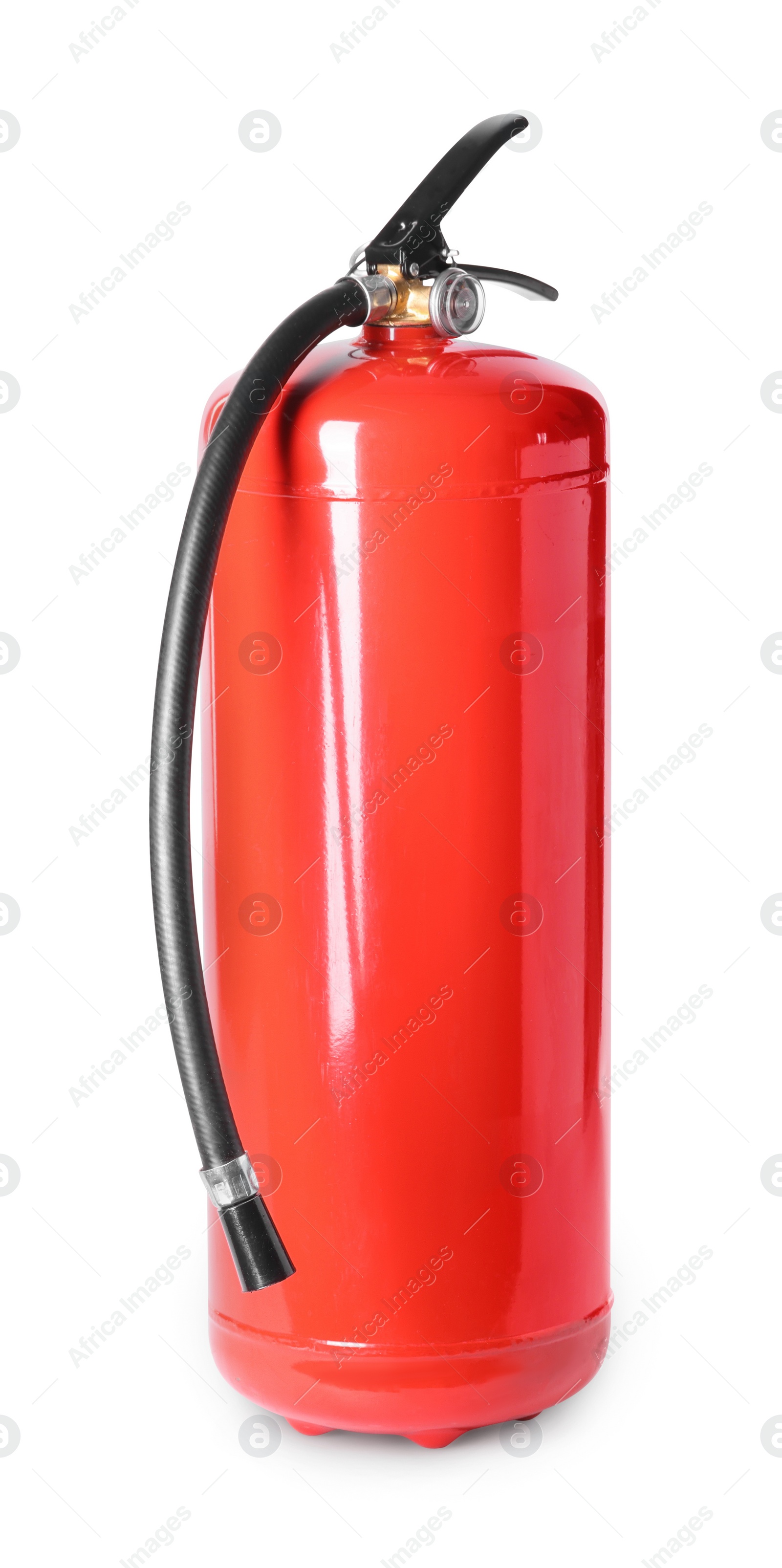 Photo of One red fire extinguisher on white background