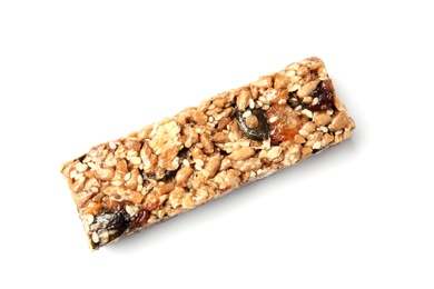 Photo of Grain cereal bar on white background. Healthy snack