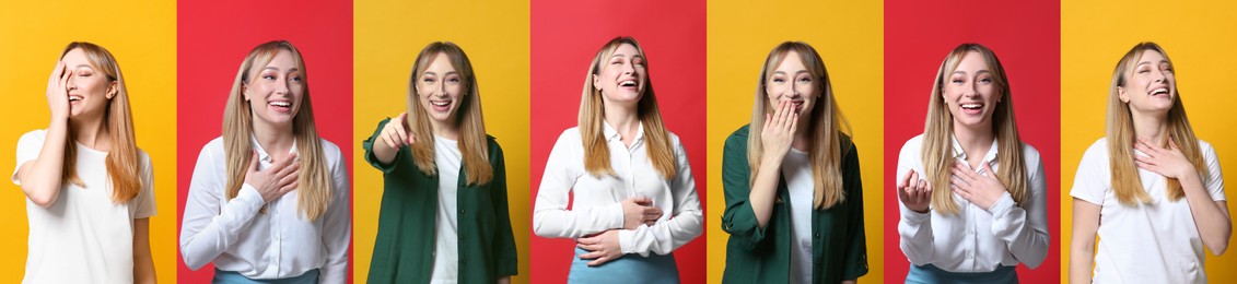 Collage with photos of beautiful woman laughing on different color backgrounds. Banner design