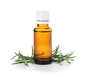 Photo of Bottle with rosemary oil on white background