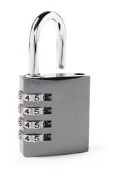 Photo of Unlocked steel combination padlock isolated on white