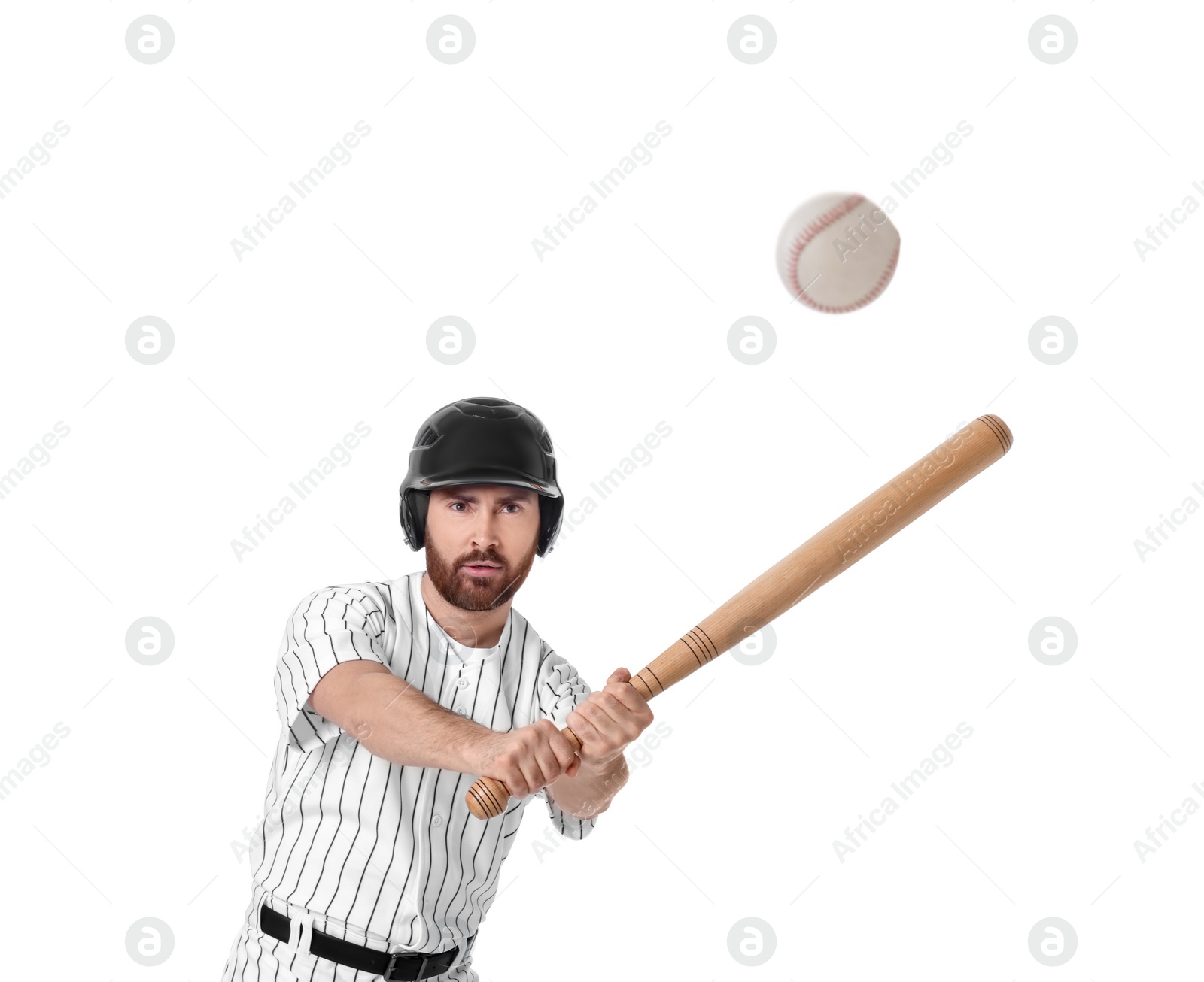Photo of Baseball player hitting ball with bat on white background
