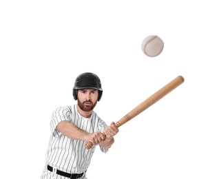 Photo of Baseball player hitting ball with bat on white background