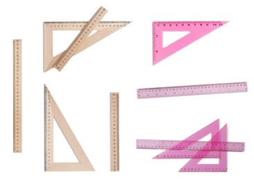 Set with different rulers with measuring length markings in centimeters on white background