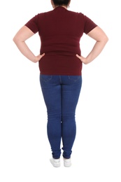 Overweight woman on white background, closeup. Weight loss