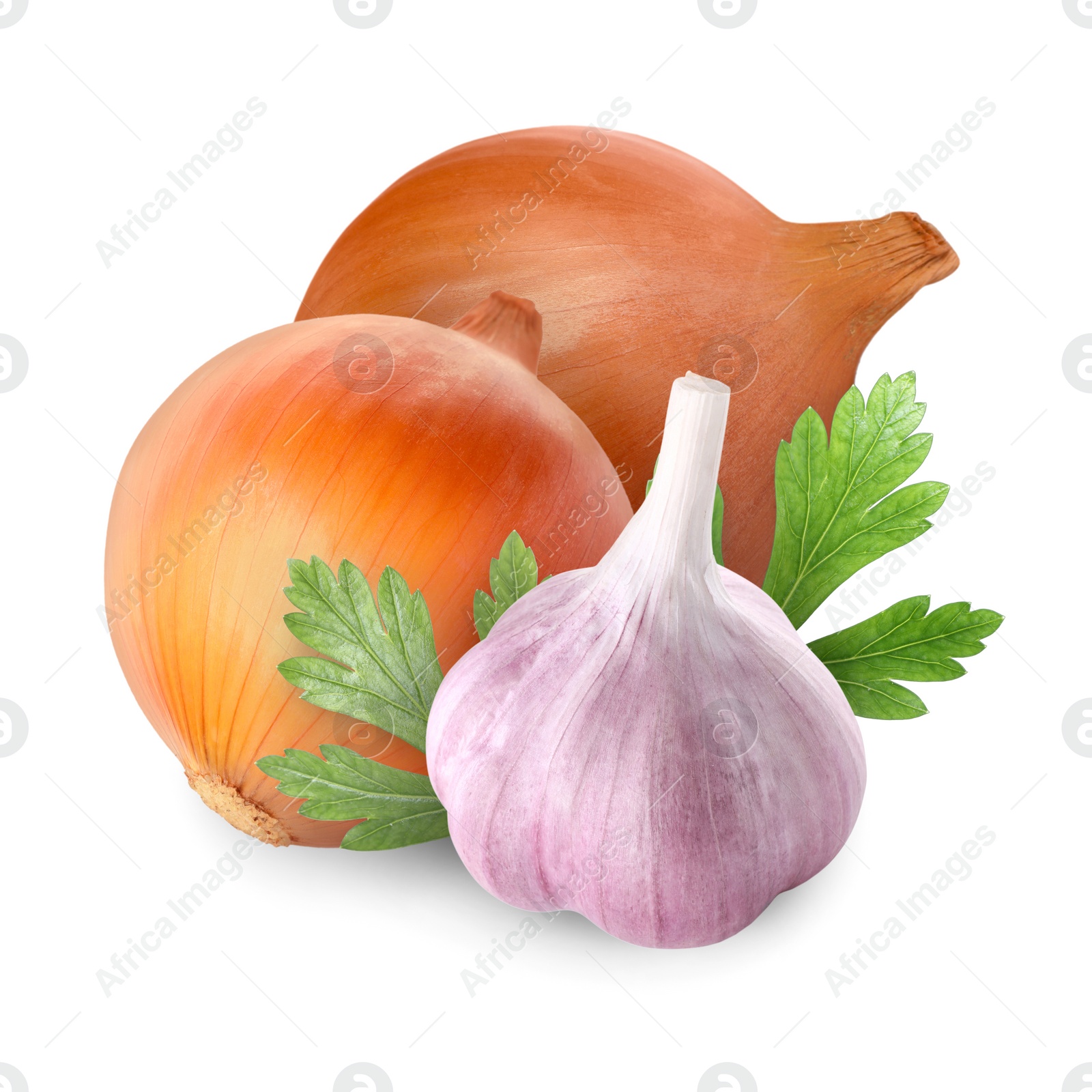 Image of Garlic, yellow onion bulbs and parsley isolated on white