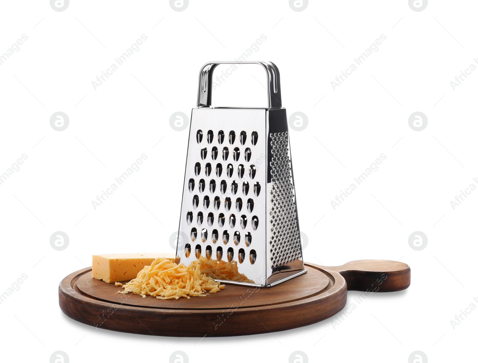 Photo of Grater and cheese with wooden board isolated on white