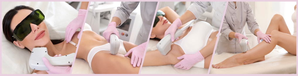 Image of Collage with photos of woman undergoing laser epilation procedure. Banner design