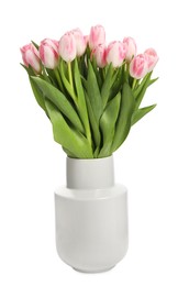 Photo of Bouquet of beautiful tulips in vase isolated on white