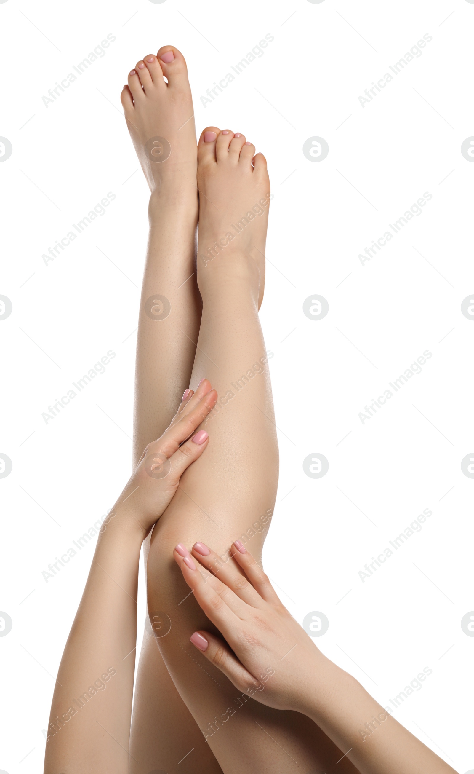 Photo of Woman with beautiful legs isolated on white, closeup