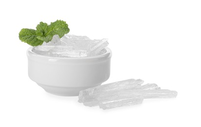 Photo of Menthol crystals and fresh mint leaves in bowl on white background