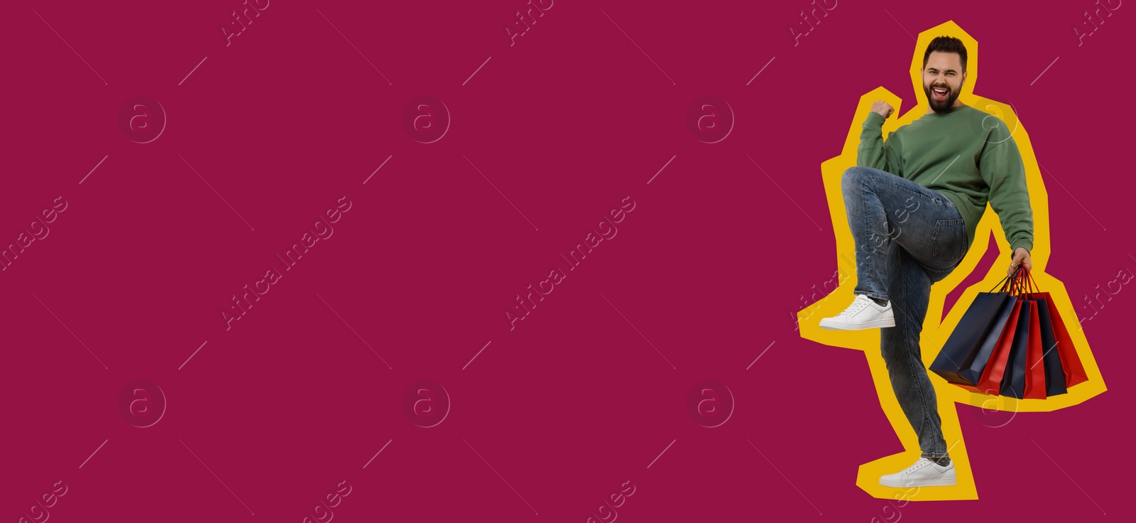 Image of Happy man with shopping bags on pink background, space for text. Banner design
